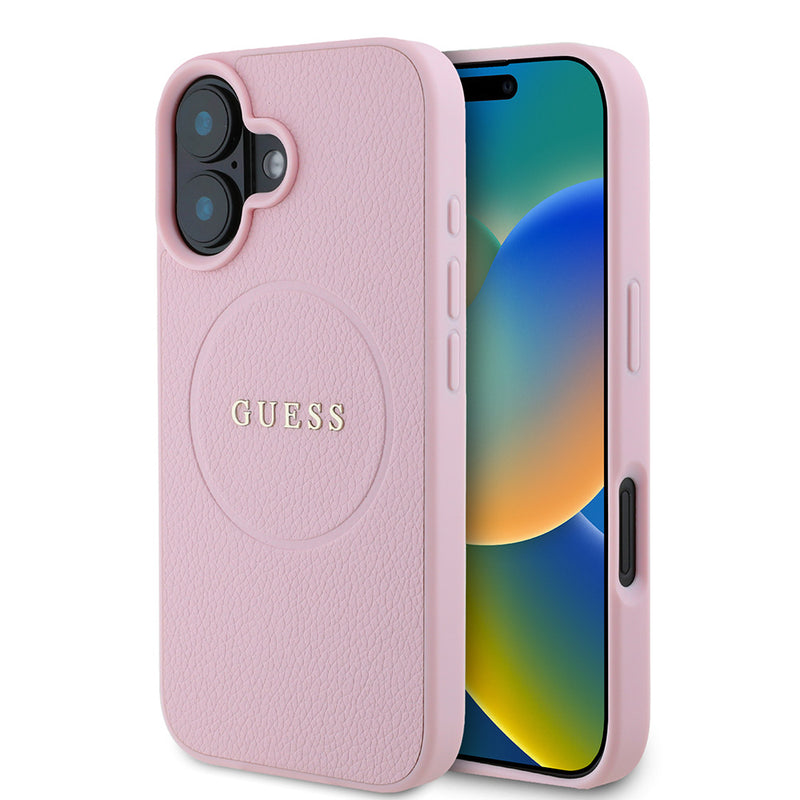 Apple iPhone 16 Kılıf Guess Magsafe Şarj Özellikli Yazı Logolu Grained Kapak Pembe