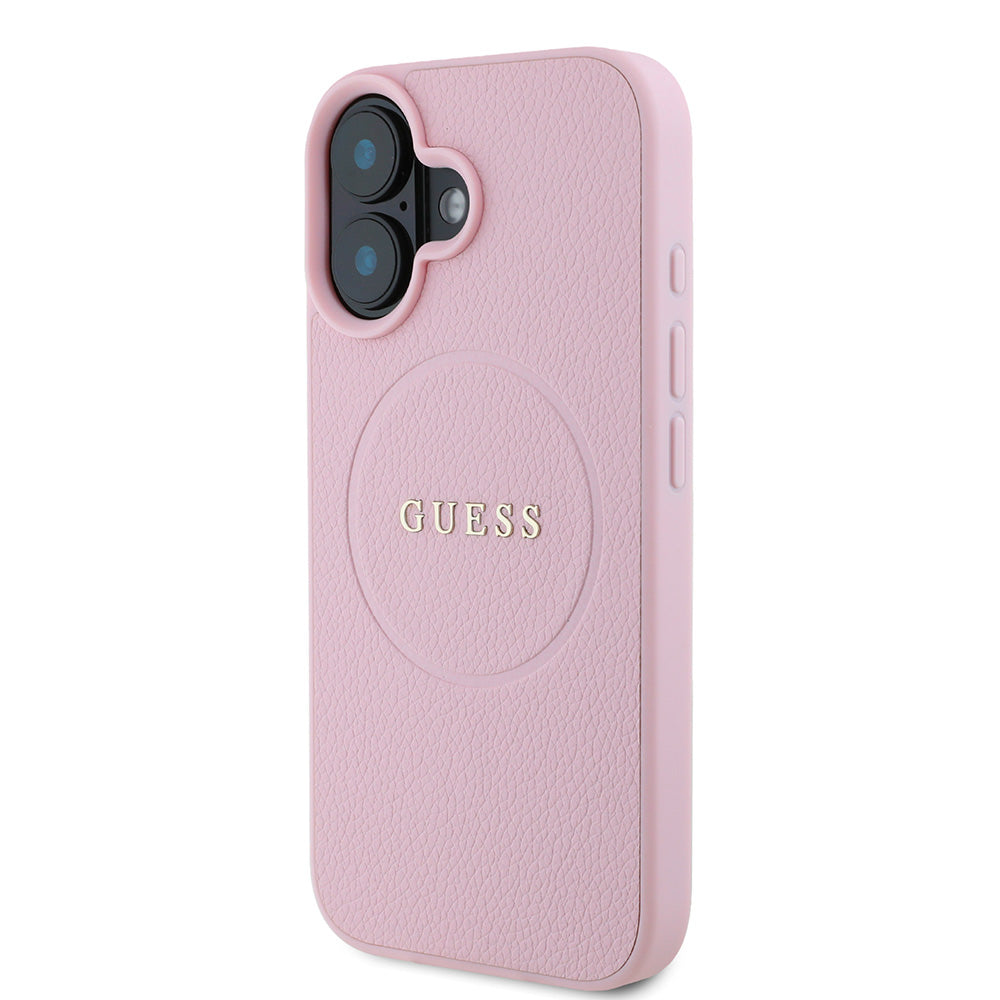 Apple iPhone 16 Kılıf Guess Magsafe Şarj Özellikli Yazı Logolu Grained Kapak Pembe