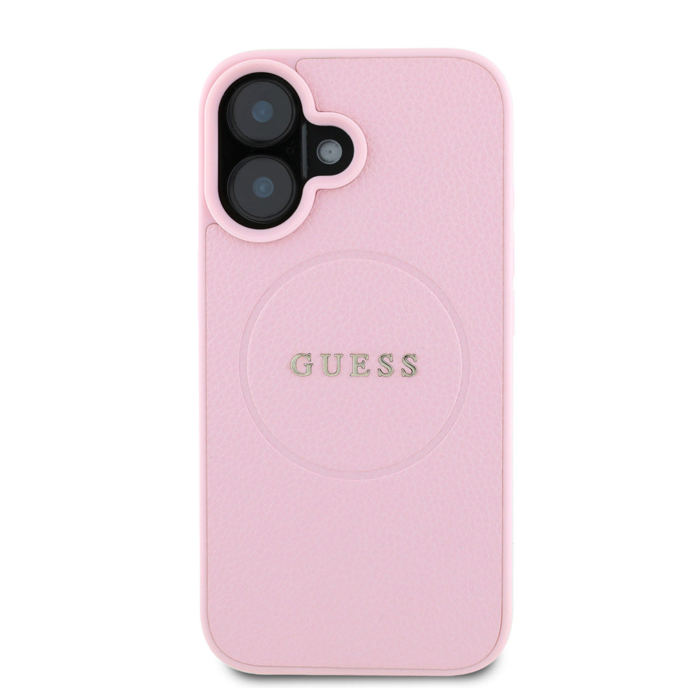 Apple iPhone 16 Kılıf Guess Magsafe Şarj Özellikli Yazı Logolu Grained Kapak Pembe