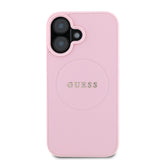 Apple iPhone 16 Kılıf Guess Magsafe Şarj Özellikli Yazı Logolu Grained Kapak Pembe