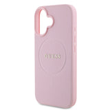 Apple iPhone 16 Kılıf Guess Magsafe Şarj Özellikli Yazı Logolu Grained Kapak Pembe