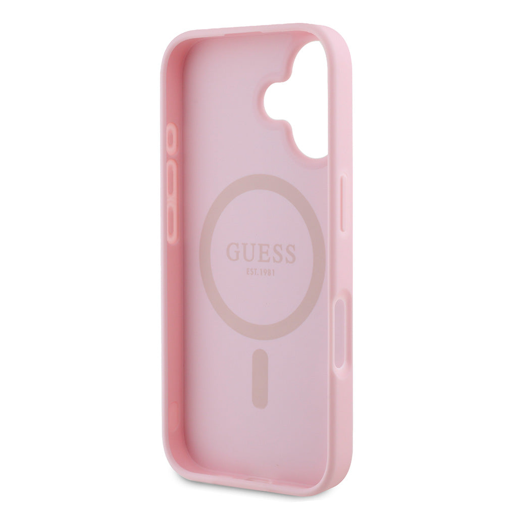 Apple iPhone 16 Kılıf Guess Magsafe Şarj Özellikli Yazı Logolu Grained Kapak Pembe