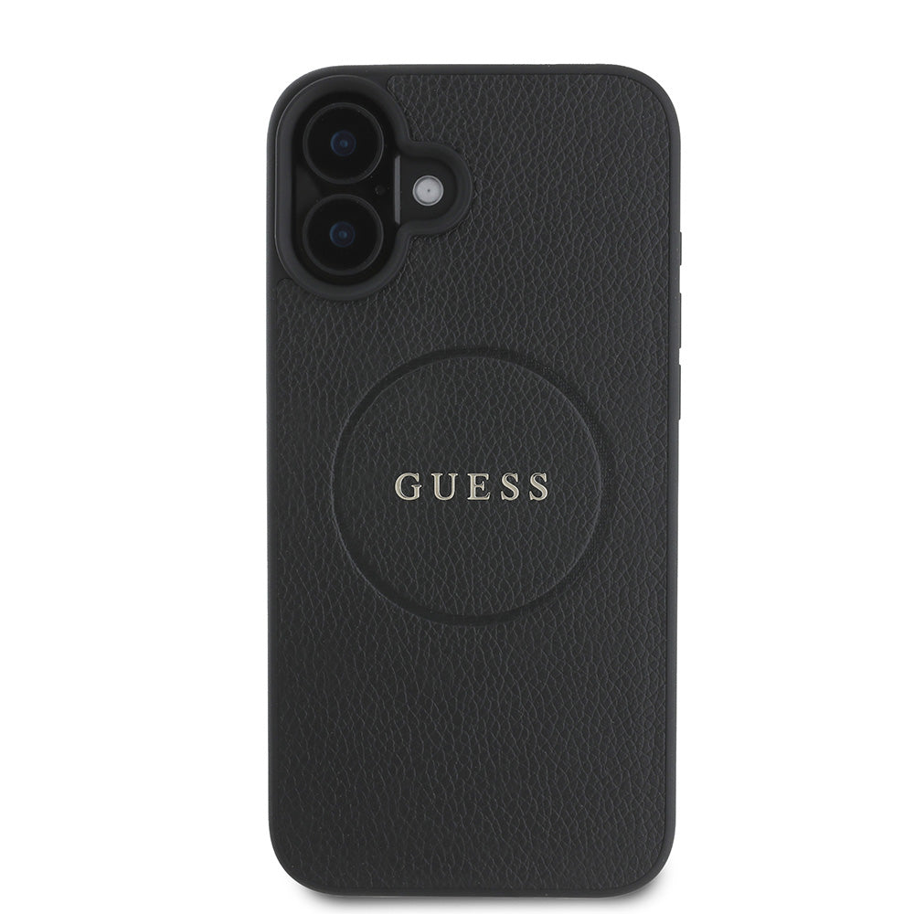 Apple iPhone 16 Kılıf Guess Magsafe Şarj Özellikli Yazı Logolu Grained Kapak Siyah