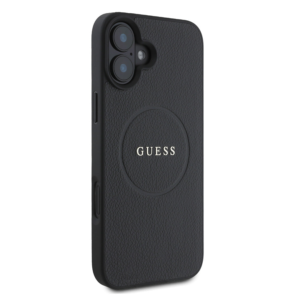 Apple iPhone 16 Kılıf Guess Magsafe Şarj Özellikli Yazı Logolu Grained Kapak Siyah