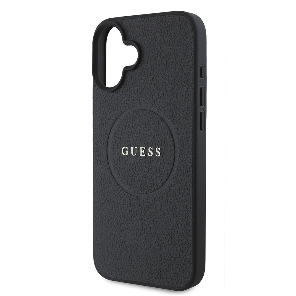 Apple iPhone 16 Kılıf Guess Magsafe Şarj Özellikli Yazı Logolu Grained Kapak Siyah