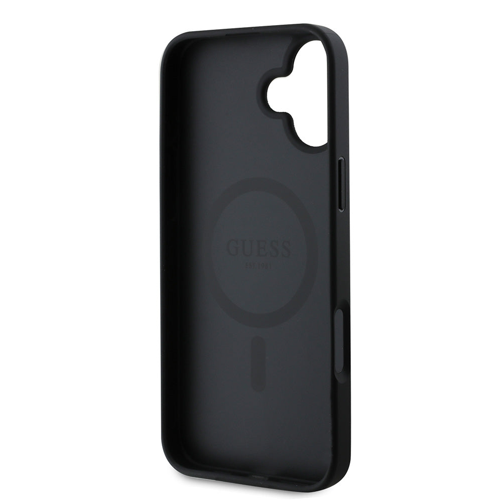 Apple iPhone 16 Kılıf Guess Magsafe Şarj Özellikli Yazı Logolu Grained Kapak Siyah