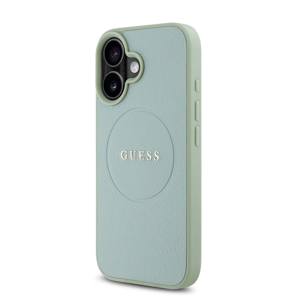 Apple iPhone 16 Kılıf Guess Magsafe Şarj Özellikli Yazı Logolu Grained Kapak Yeşil