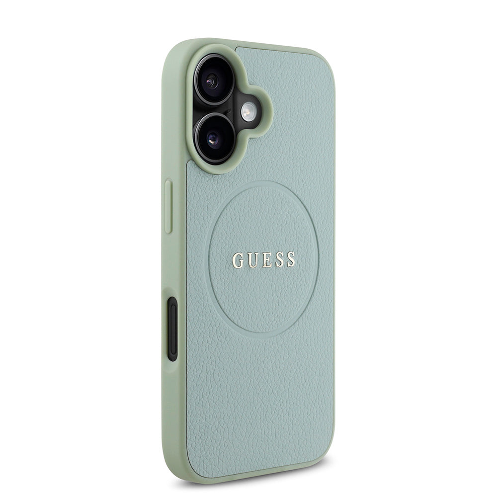 Apple iPhone 16 Kılıf Guess Magsafe Şarj Özellikli Yazı Logolu Grained Kapak Yeşil