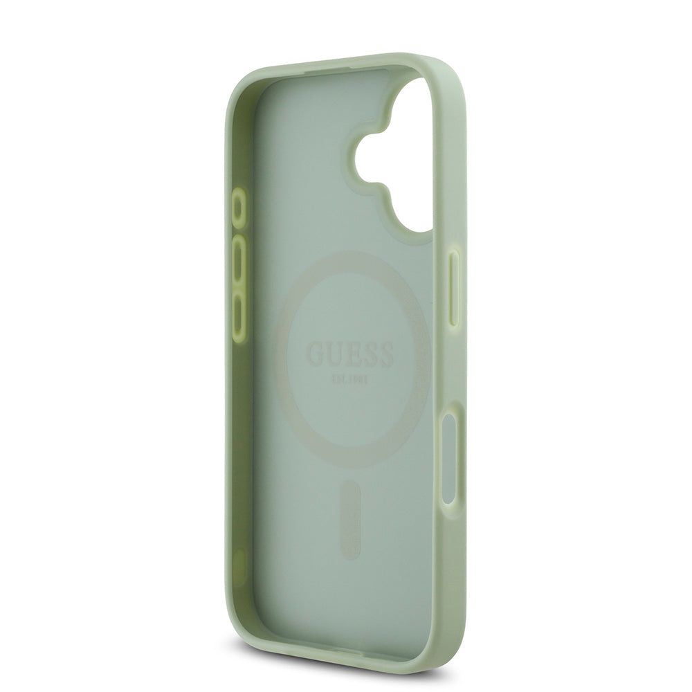 Apple iPhone 16 Kılıf Guess Magsafe Şarj Özellikli Yazı Logolu Grained Kapak Yeşil