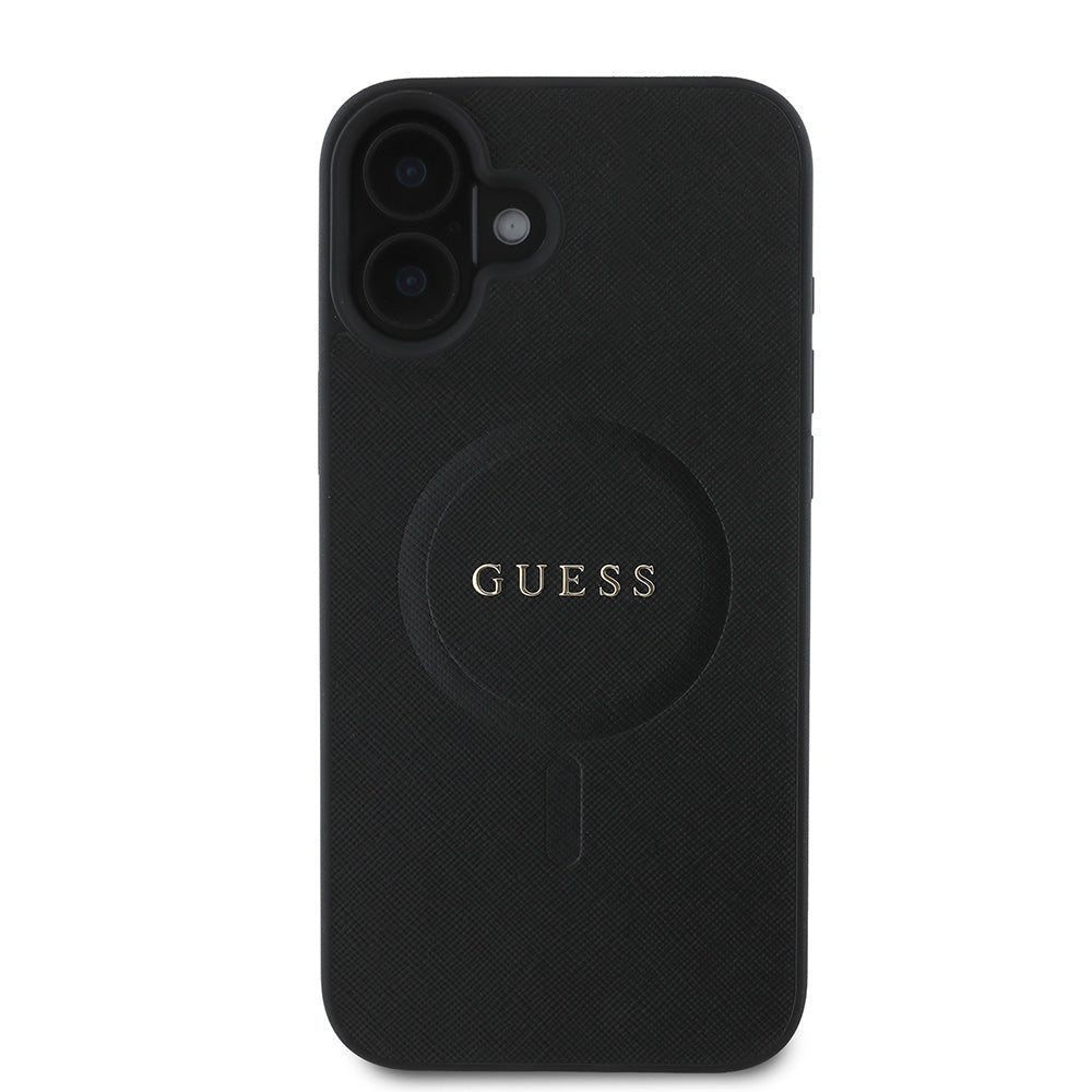 Apple iPhone 16 Kılıf Guess Magsafe Şarj Özellikli Yazı Logolu Saffiano Classic Kapak Siyah