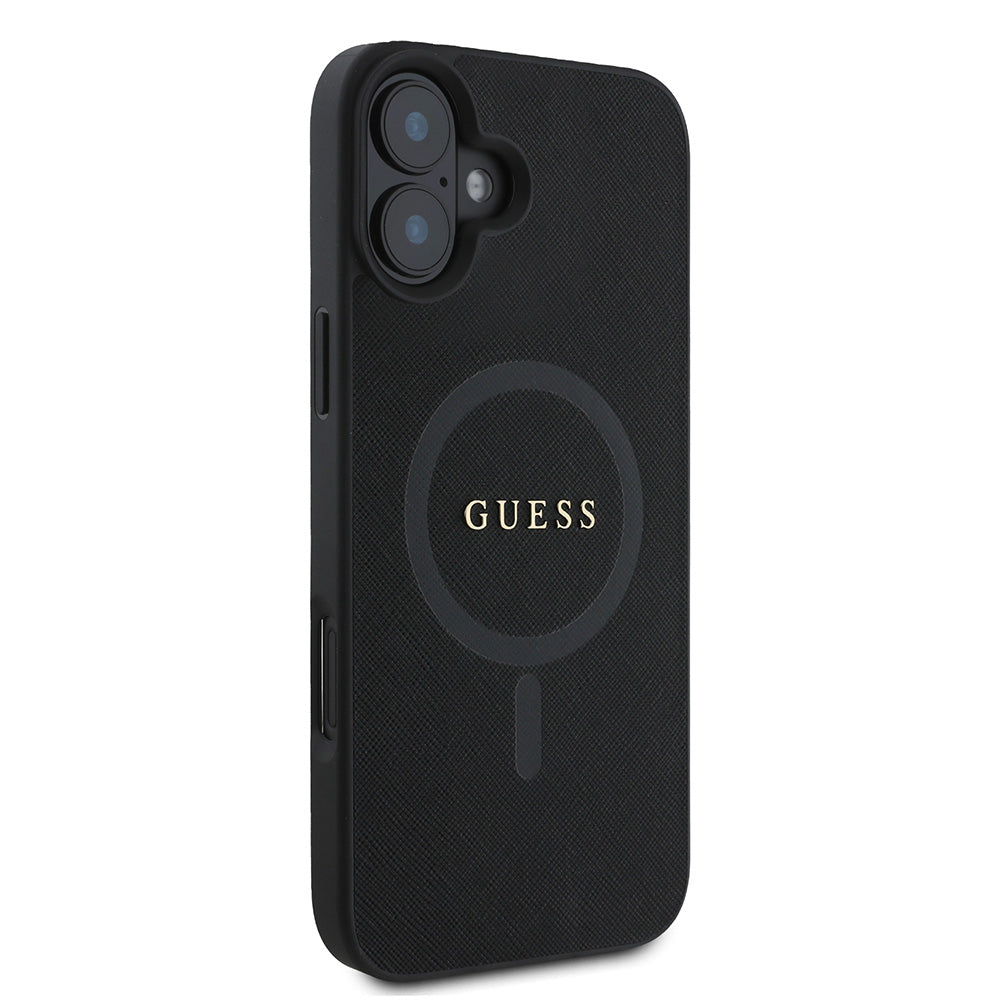 Apple iPhone 16 Kılıf Guess Magsafe Şarj Özellikli Yazı Logolu Saffiano Classic Kapak Siyah
