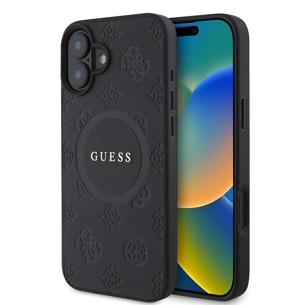 Apple iPhone 16 Kılıf Guess Magsafe Şarj Özellikli Yazı Logolu Saffiano Peony Kapak Siyah