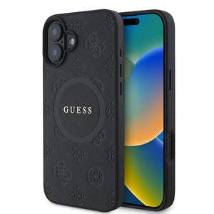 Apple iPhone 16 Kılıf Guess Magsafe Şarj Özellikli Yazı Logolu Saffiano Peony Kapak Siyah