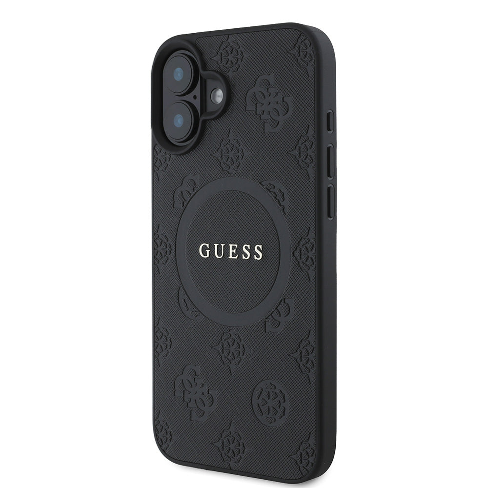 Apple iPhone 16 Kılıf Guess Magsafe Şarj Özellikli Yazı Logolu Saffiano Peony Kapak Siyah