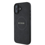 Apple iPhone 16 Kılıf Guess Magsafe Şarj Özellikli Yazı Logolu Saffiano Peony Kapak Siyah