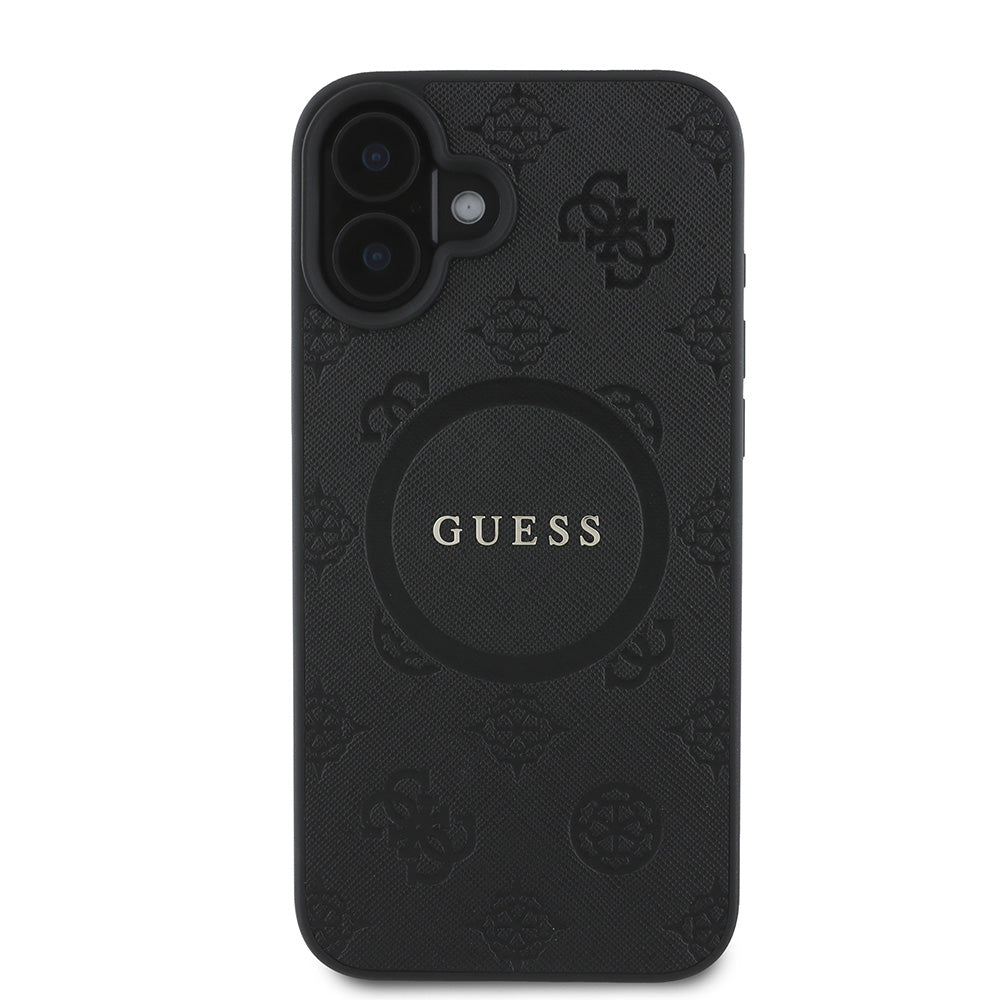 Apple iPhone 16 Kılıf Guess Magsafe Şarj Özellikli Yazı Logolu Saffiano Peony Kapak Siyah