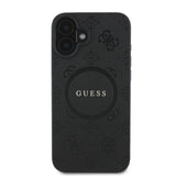 Apple iPhone 16 Kılıf Guess Magsafe Şarj Özellikli Yazı Logolu Saffiano Peony Kapak Siyah