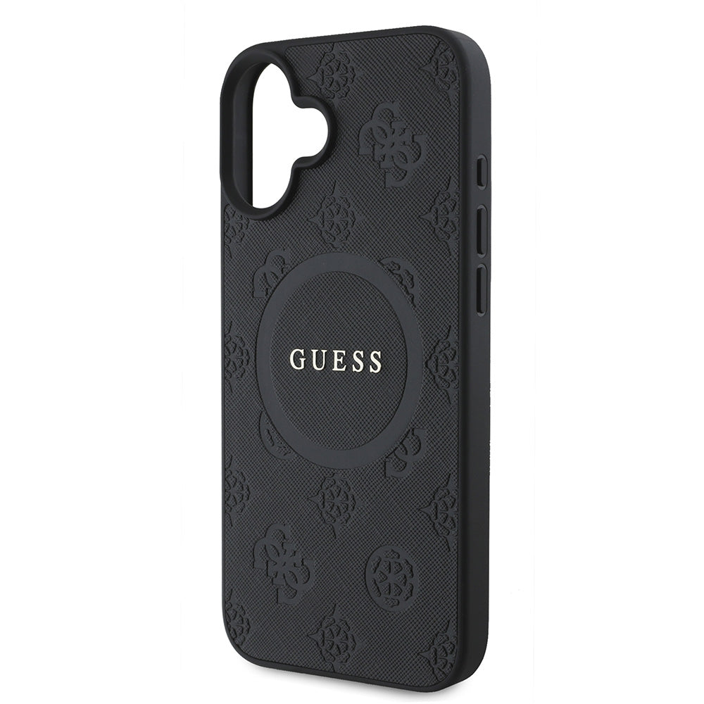 Apple iPhone 16 Kılıf Guess Magsafe Şarj Özellikli Yazı Logolu Saffiano Peony Kapak Siyah