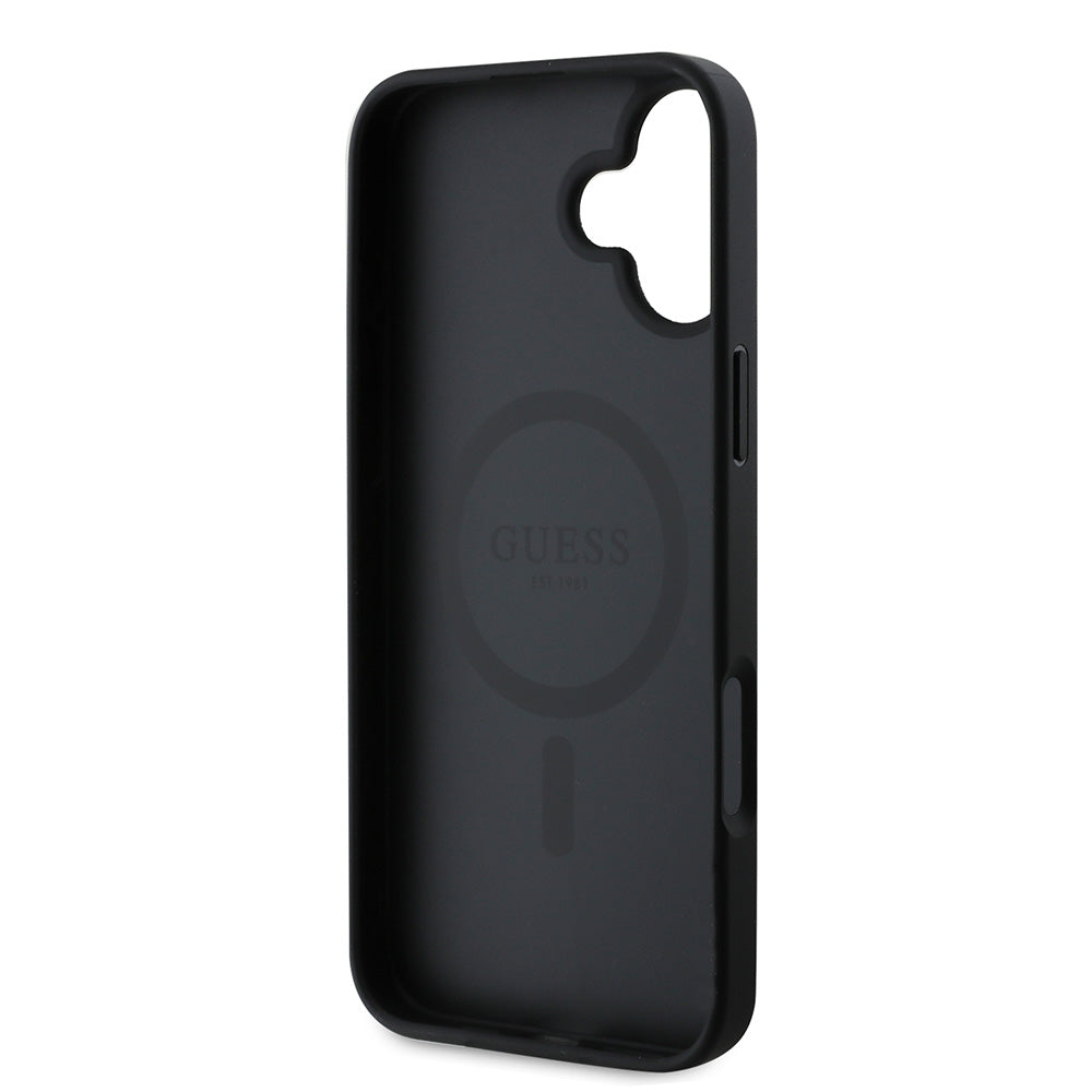 Apple iPhone 16 Kılıf Guess Magsafe Şarj Özellikli Yazı Logolu Saffiano Peony Kapak Siyah