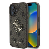 Apple iPhone 16 Kılıf Guess PU Deri 4G Desenli Metal Büyük 4G ve Yazı Logolu Kapak Kahverengi