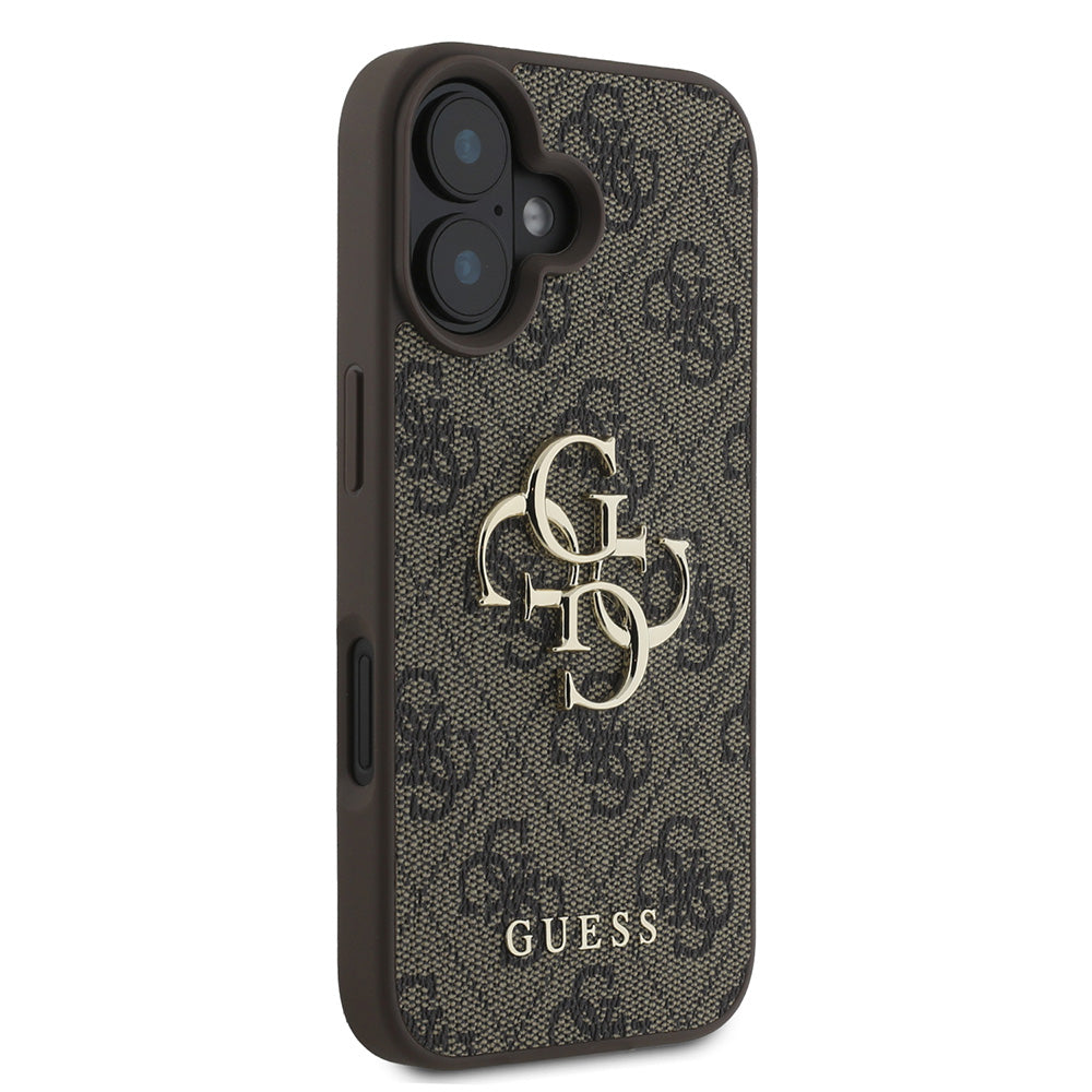 Apple iPhone 16 Kılıf Guess PU Deri 4G Desenli Metal Büyük 4G ve Yazı Logolu Kapak Kahverengi
