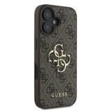 Apple iPhone 16 Kılıf Guess PU Deri 4G Desenli Metal Büyük 4G ve Yazı Logolu Kapak Kahverengi