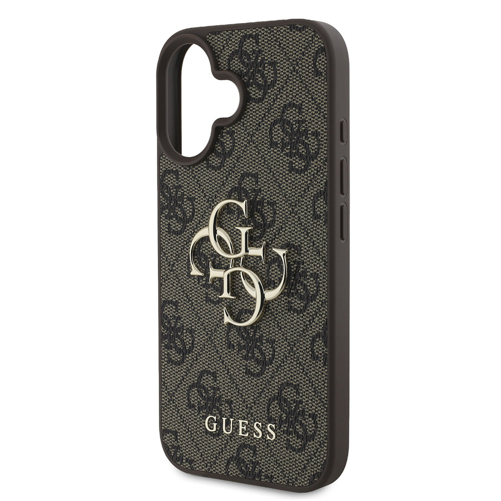 Apple iPhone 16 Kılıf Guess PU Deri 4G Desenli Metal Büyük 4G ve Yazı Logolu Kapak Kahverengi