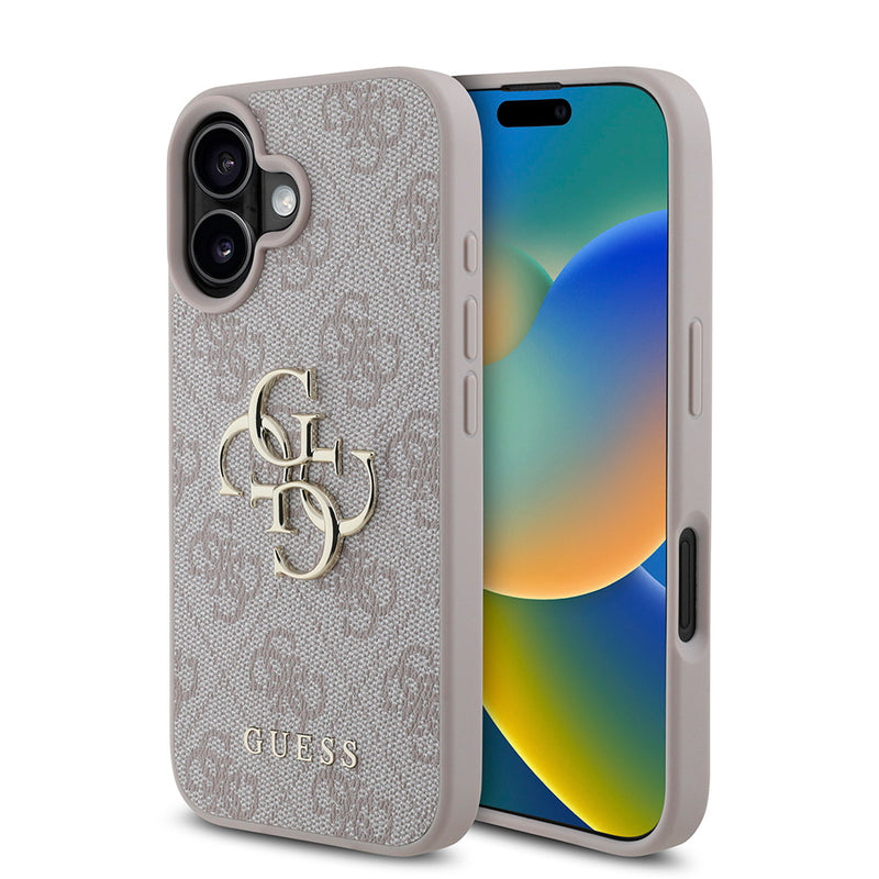 Apple iPhone 16 Kılıf Guess PU Deri 4G Desenli Metal Büyük 4G ve Yazı Logolu Kapak Pembe