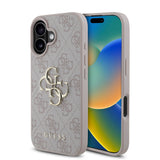 Apple iPhone 16 Kılıf Guess PU Deri 4G Desenli Metal Büyük 4G ve Yazı Logolu Kapak Pembe