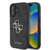 Apple iPhone 16 Kılıf Guess PU Deri 4G Desenli Metal Büyük 4G ve Yazı Logolu Kapak Siyah