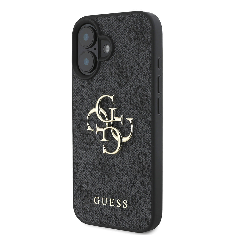 Apple iPhone 16 Kılıf Guess PU Deri 4G Desenli Metal Büyük 4G ve Yazı Logolu Kapak Siyah