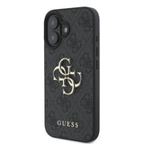 Apple iPhone 16 Kılıf Guess PU Deri 4G Desenli Metal Büyük 4G ve Yazı Logolu Kapak Siyah