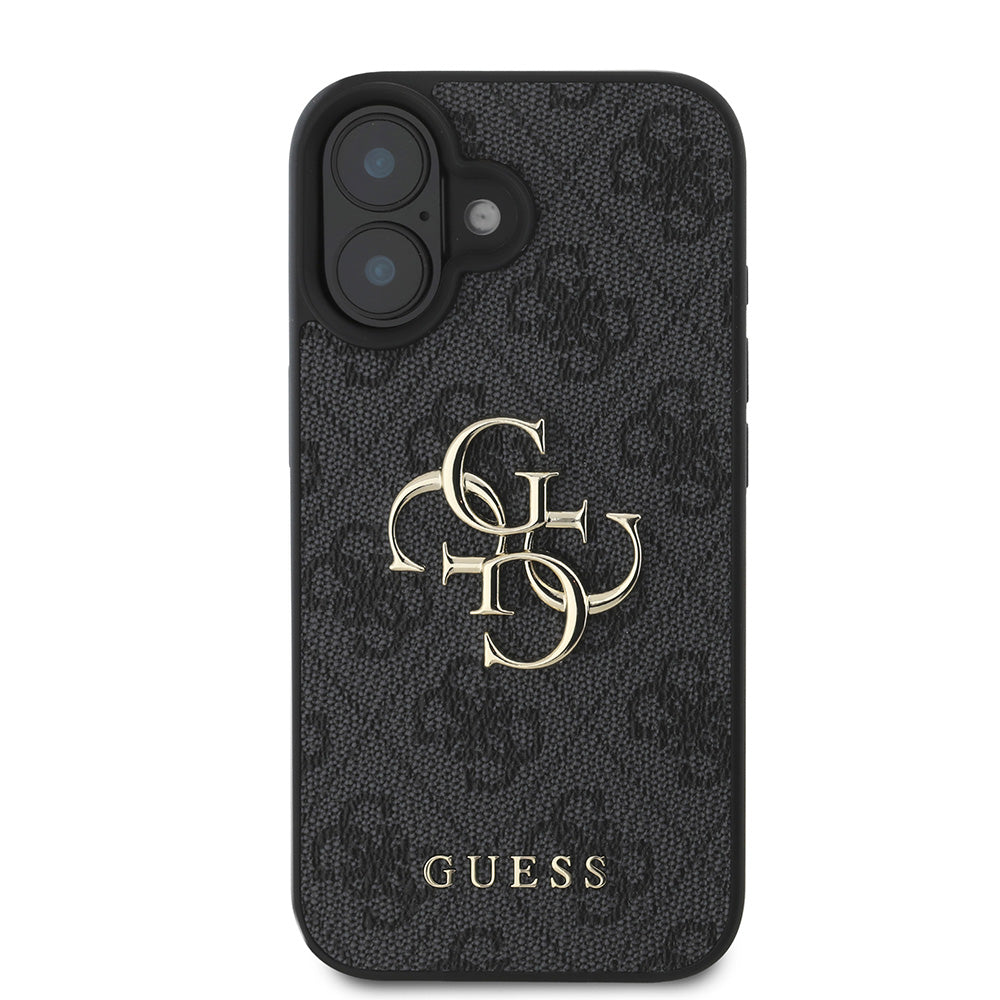 Apple iPhone 16 Kılıf Guess PU Deri 4G Desenli Metal Büyük 4G ve Yazı Logolu Kapak Siyah