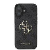 Apple iPhone 16 Kılıf Guess PU Deri 4G Desenli Metal Büyük 4G ve Yazı Logolu Kapak Siyah
