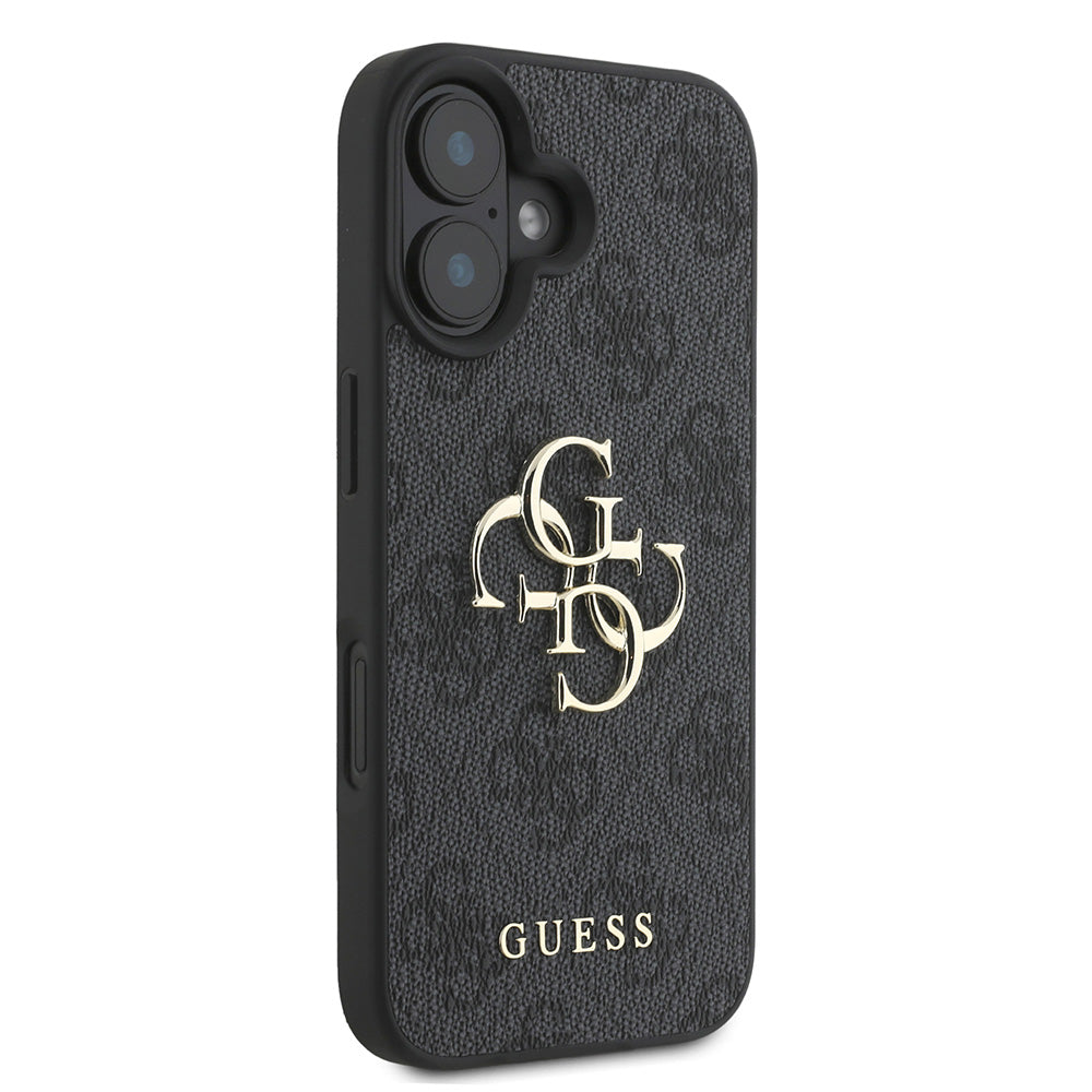 Apple iPhone 16 Kılıf Guess PU Deri 4G Desenli Metal Büyük 4G ve Yazı Logolu Kapak Siyah