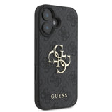 Apple iPhone 16 Kılıf Guess PU Deri 4G Desenli Metal Büyük 4G ve Yazı Logolu Kapak Siyah