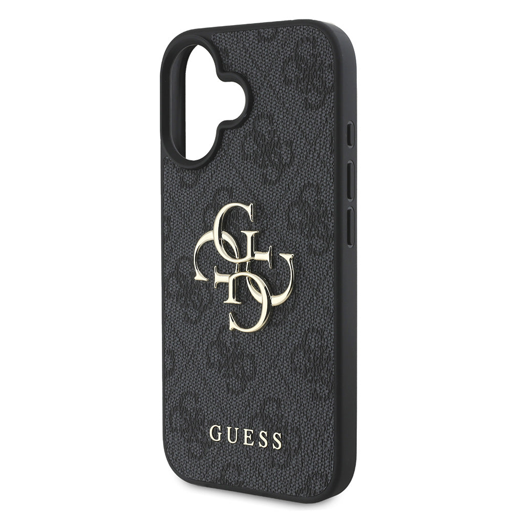 Apple iPhone 16 Kılıf Guess PU Deri 4G Desenli Metal Büyük 4G ve Yazı Logolu Kapak Siyah