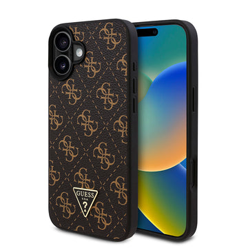 Apple iPhone 16 Kılıf Guess PU Deri 4G Desenli Üçgen Logolu Kapak Siyah
