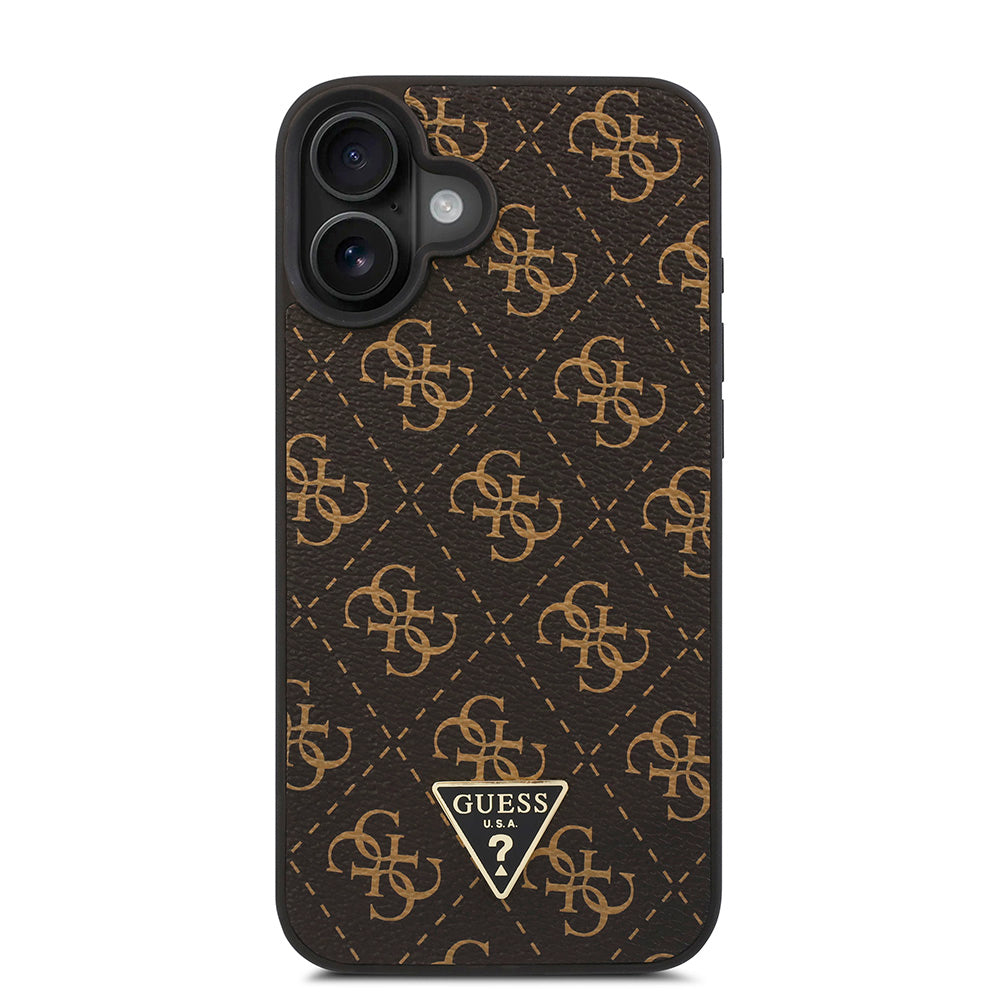 Apple iPhone 16 Kılıf Guess PU Deri 4G Desenli Üçgen Logolu Kapak Siyah
