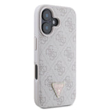 Apple iPhone 16 Kılıf Guess PU Deri Taşlı Metal Üçgen Logolu Çapraz Vücut Askılı 4G Desenli Kapak Pembe