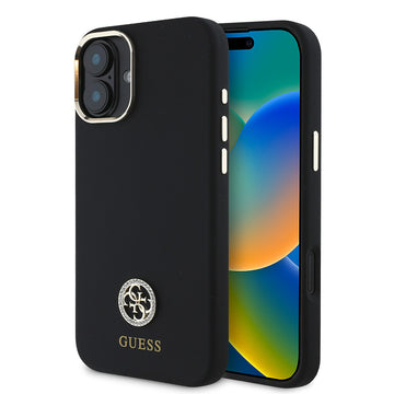 Apple iPhone 16 Kılıf Guess Yazı ve Taşlı 4G Logolu Metal Kamera Çerçeveli Silikon Kapak Siyah