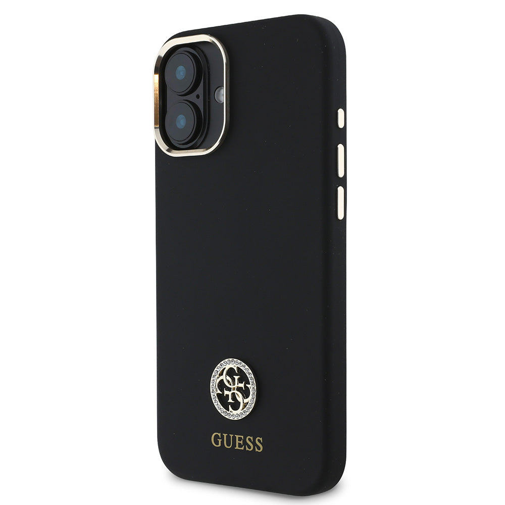 Apple iPhone 16 Kılıf Guess Yazı ve Taşlı 4G Logolu Metal Kamera Çerçeveli Silikon Kapak Siyah