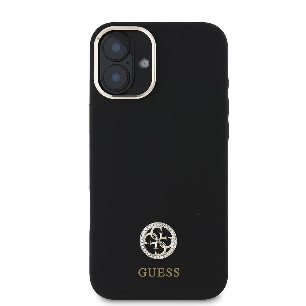 Apple iPhone 16 Kılıf Guess Yazı ve Taşlı 4G Logolu Metal Kamera Çerçeveli Silikon Kapak Siyah