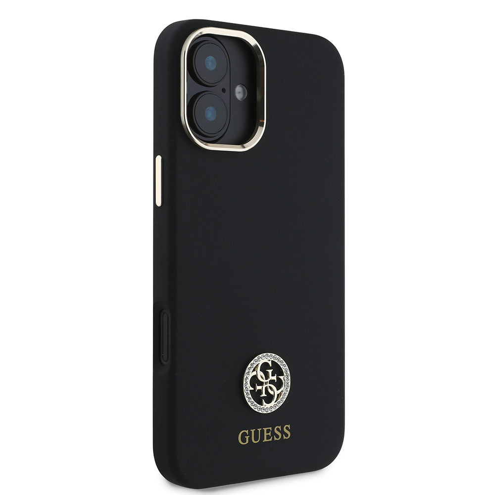 Apple iPhone 16 Kılıf Guess Yazı ve Taşlı 4G Logolu Metal Kamera Çerçeveli Silikon Kapak Siyah