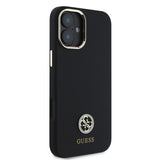 Apple iPhone 16 Kılıf Guess Yazı ve Taşlı 4G Logolu Metal Kamera Çerçeveli Silikon Kapak Siyah