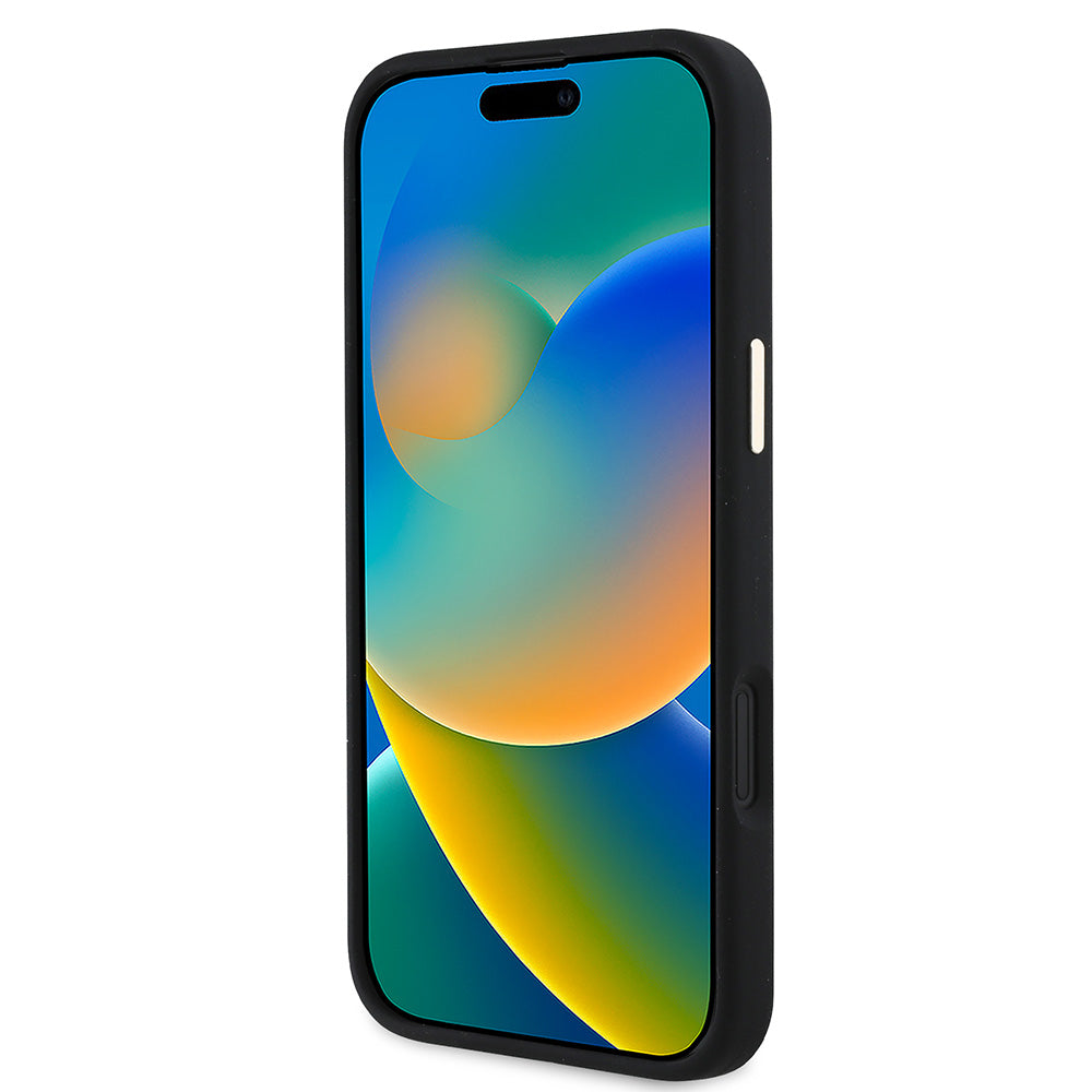 Apple iPhone 16 Kılıf Guess Yazı ve Taşlı 4G Logolu Metal Kamera Çerçeveli Silikon Kapak Siyah