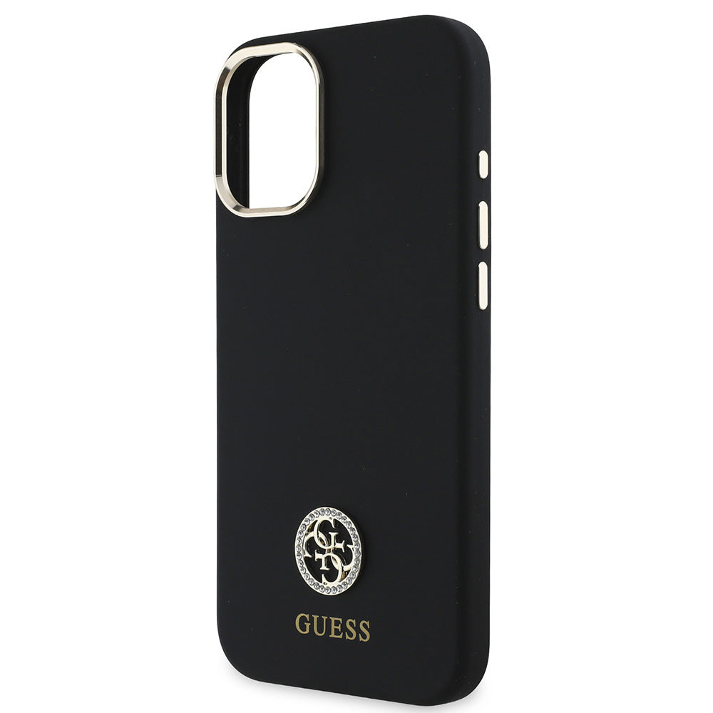 Apple iPhone 16 Kılıf Guess Yazı ve Taşlı 4G Logolu Metal Kamera Çerçeveli Silikon Kapak Siyah