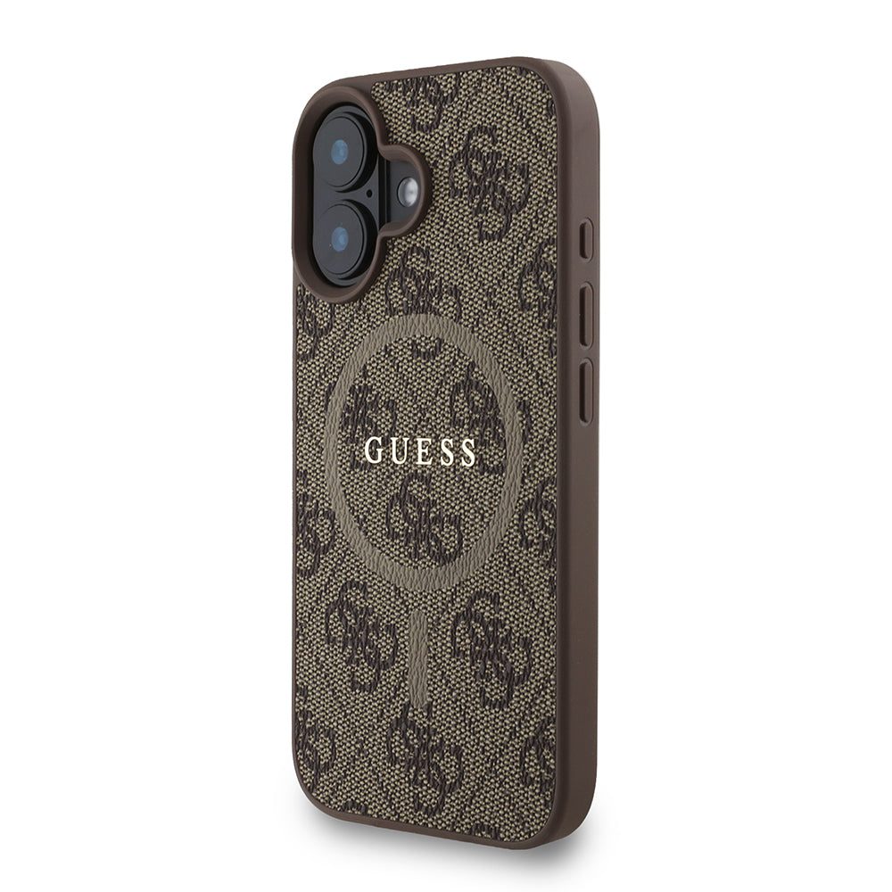 Apple iPhone 16 Kılıf Guess M-safe Şarj Özellikli Bilek Askı İpli Yazı Logolu Kapak Kahverengi