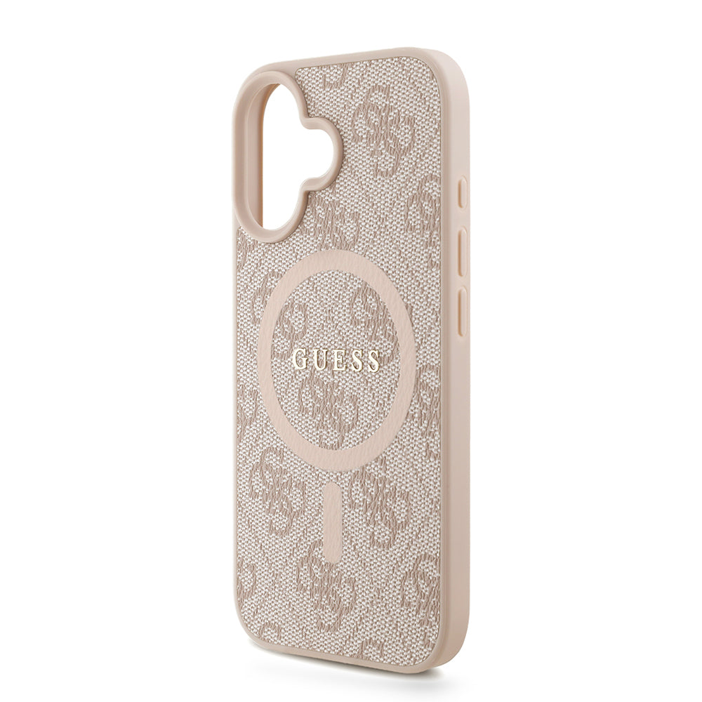 Apple iPhone 16 Kılıf Guess M-safe Şarj Özellikli Bilek Askı İpli Yazı Logolu Kapak Pembe