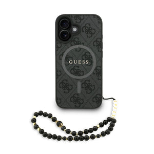 Apple iPhone 16 Kılıf Guess M-safe Şarj Özellikli Bilek Askı İpli Yazı Logolu Kapak Siyah